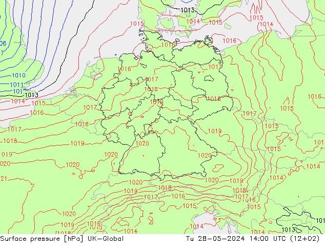 Surface pressure UK-Global Tu 28.05.2024 14 UTC