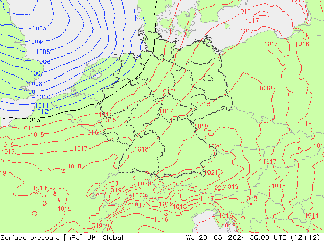 Pressione al suolo UK-Global mer 29.05.2024 00 UTC