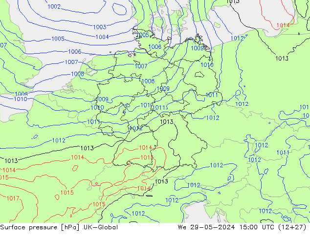 Pressione al suolo UK-Global mer 29.05.2024 15 UTC