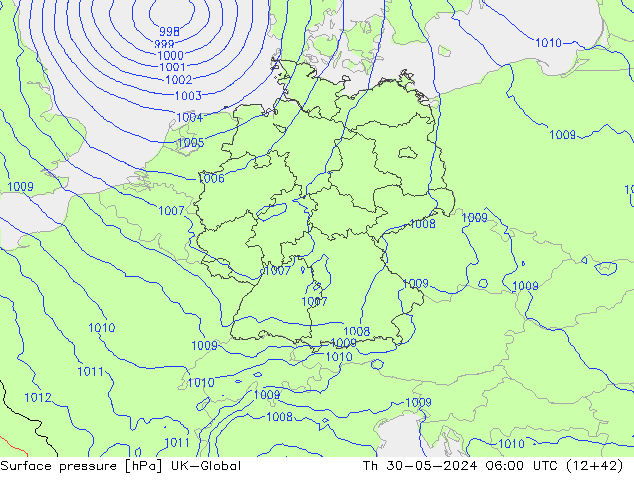 Surface pressure UK-Global Th 30.05.2024 06 UTC