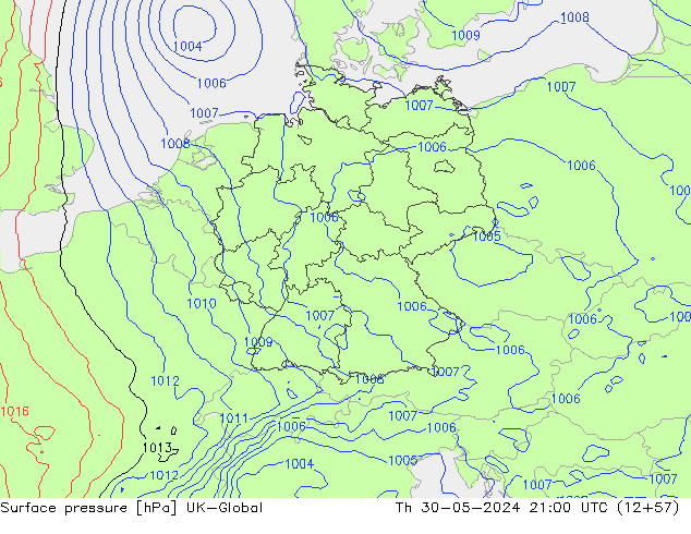 Pressione al suolo UK-Global gio 30.05.2024 21 UTC