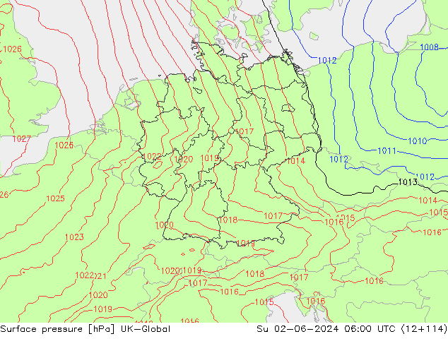 Pressione al suolo UK-Global dom 02.06.2024 06 UTC