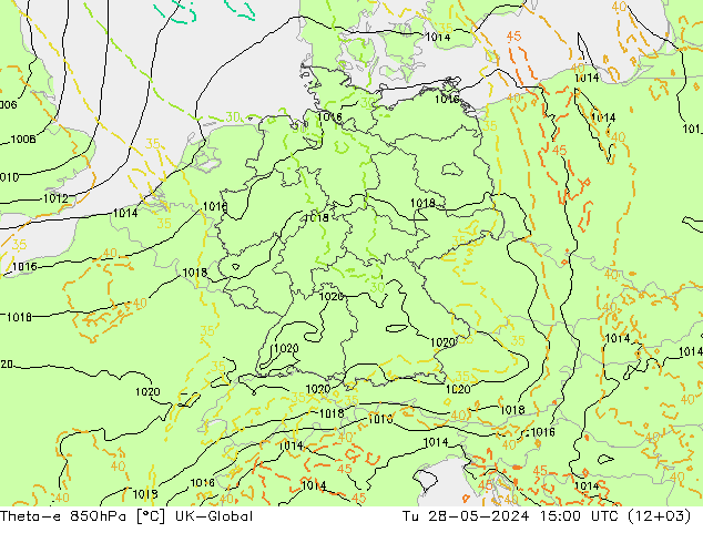 Theta-e 850hPa UK-Global Tu 28.05.2024 15 UTC
