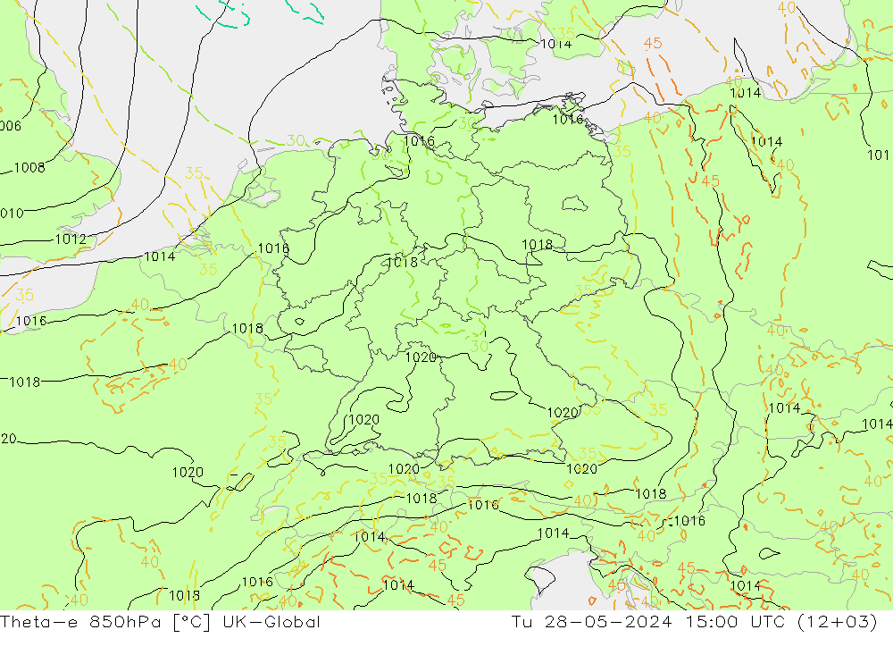 Theta-e 850hPa UK-Global mar 28.05.2024 15 UTC