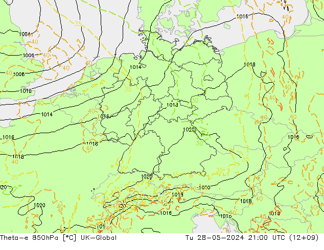 Theta-e 850hPa UK-Global Tu 28.05.2024 21 UTC