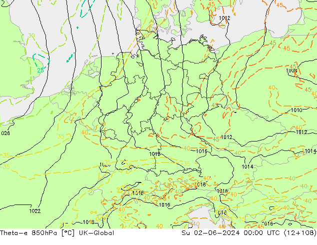 Theta-e 850hPa UK-Global Dom 02.06.2024 00 UTC