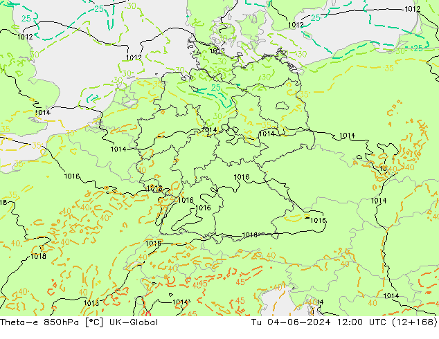 Theta-e 850hPa UK-Global Tu 04.06.2024 12 UTC