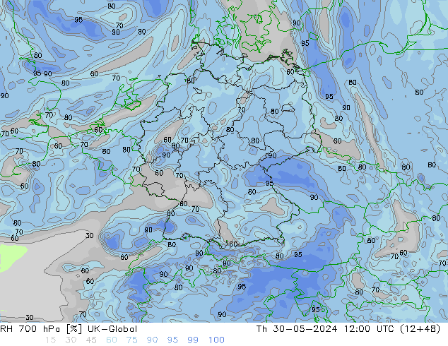 Humedad rel. 700hPa UK-Global jue 30.05.2024 12 UTC