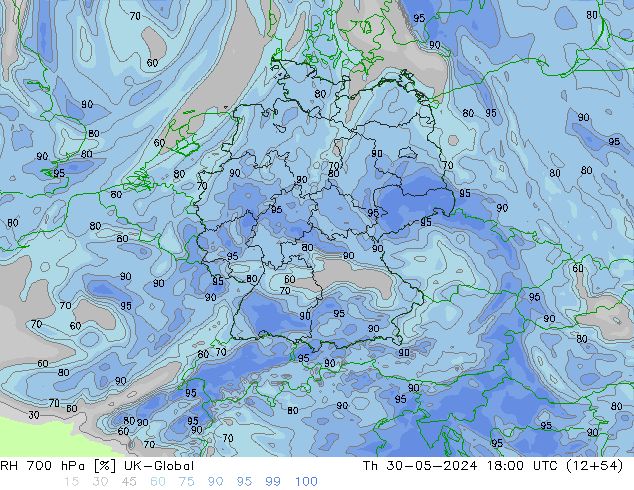 Humidité rel. 700 hPa UK-Global jeu 30.05.2024 18 UTC