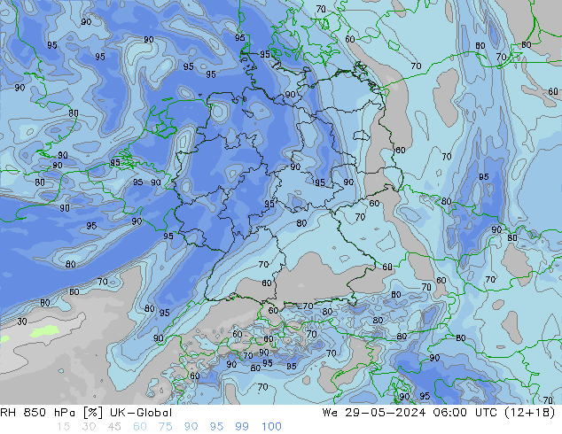 850 hPa Nispi Nem UK-Global Çar 29.05.2024 06 UTC