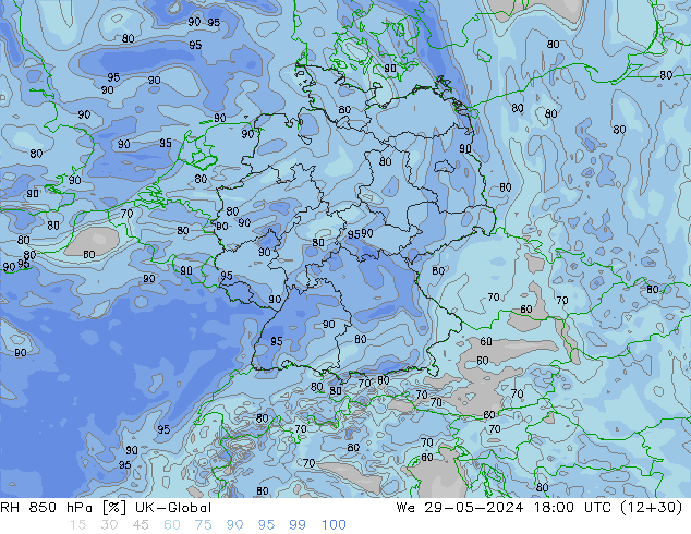 RH 850 hPa UK-Global We 29.05.2024 18 UTC