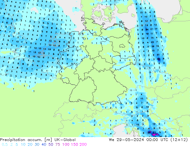 Precipitation accum. UK-Global Qua 29.05.2024 00 UTC