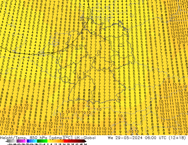 Géop./Temp. 850 hPa UK-Global mer 29.05.2024 06 UTC