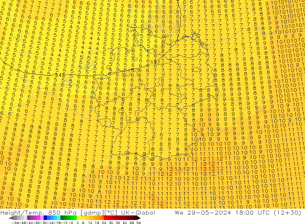 Height/Temp. 850 hPa UK-Global St 29.05.2024 18 UTC