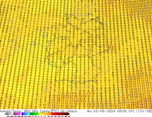 Height/Temp. 850 hPa UK-Global Po 03.06.2024 06 UTC