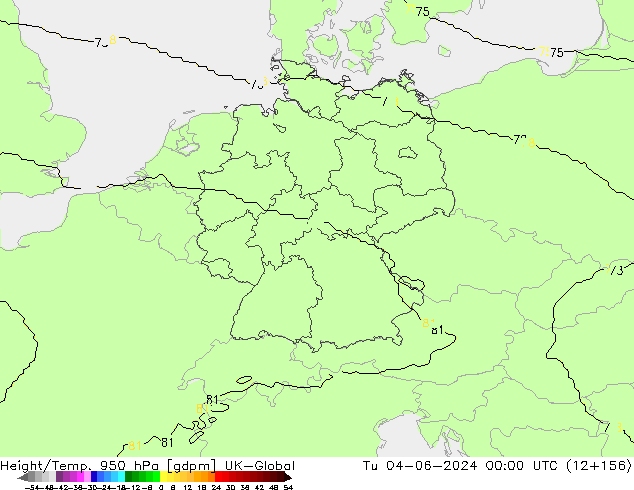 Height/Temp. 950 hPa UK-Global Tu 04.06.2024 00 UTC