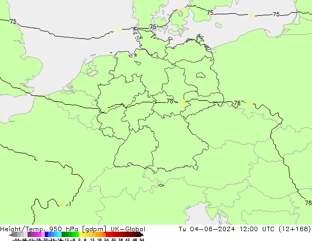 Height/Temp. 950 hPa UK-Global 星期二 04.06.2024 12 UTC