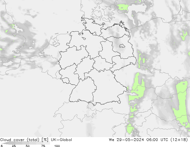 Cloud cover (total) UK-Global St 29.05.2024 06 UTC