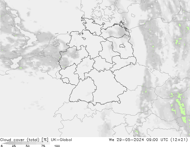 Cloud cover (total) UK-Global We 29.05.2024 09 UTC