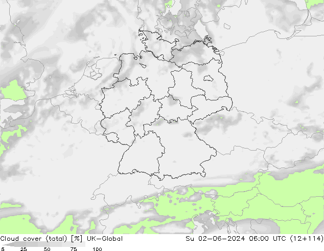 Bewolking (Totaal) UK-Global zo 02.06.2024 06 UTC