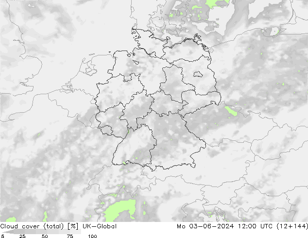 Cloud cover (total) UK-Global Mo 03.06.2024 12 UTC