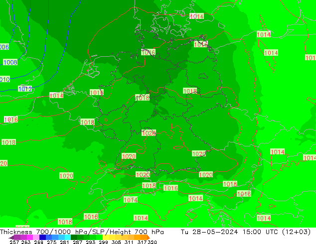 Espesor 700-1000 hPa UK-Global mar 28.05.2024 15 UTC