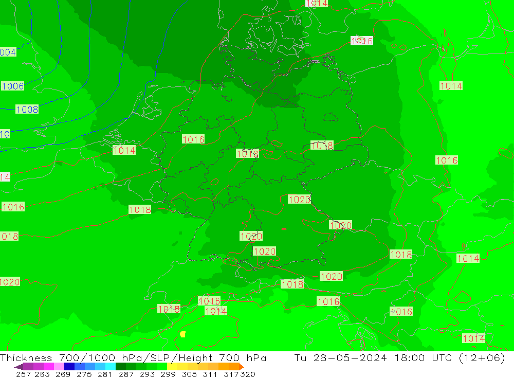 Thck 700-1000 hPa UK-Global  28.05.2024 18 UTC