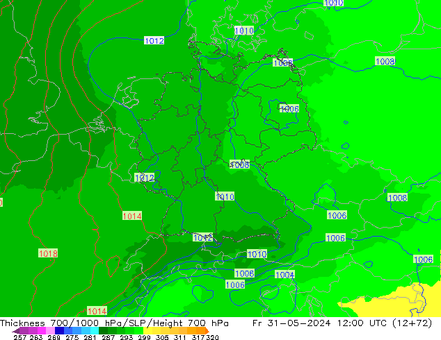 Thck 700-1000 hPa UK-Global Fr 31.05.2024 12 UTC