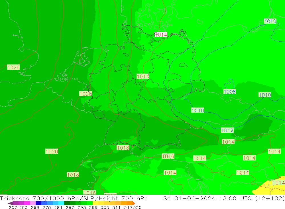 700-1000 hPa Kalınlığı UK-Global Cts 01.06.2024 18 UTC