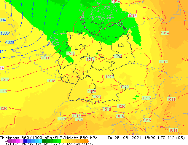 Espesor 850-1000 hPa UK-Global mar 28.05.2024 18 UTC