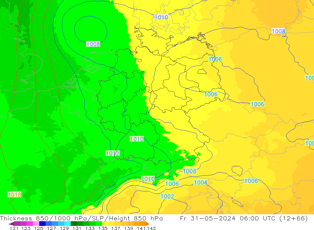 Thck 850-1000 hPa UK-Global  31.05.2024 06 UTC