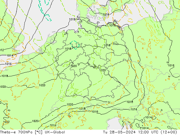 Theta-e 700hPa UK-Global Di 28.05.2024 12 UTC