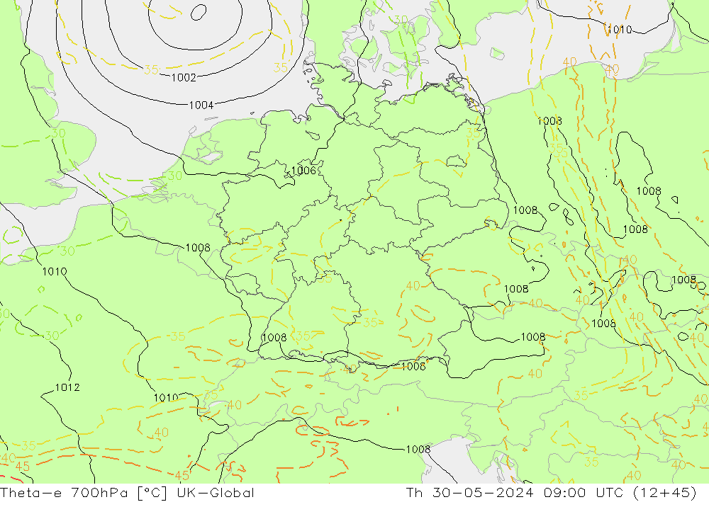 Theta-e 700hPa UK-Global gio 30.05.2024 09 UTC