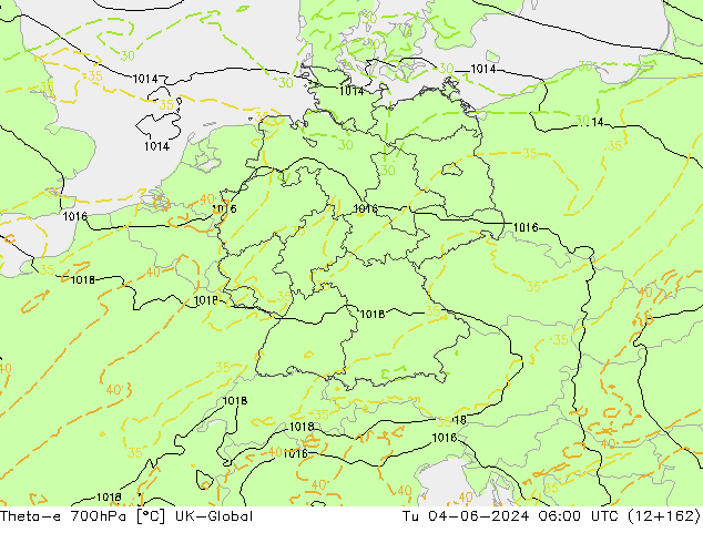 Theta-e 700hPa UK-Global Tu 04.06.2024 06 UTC