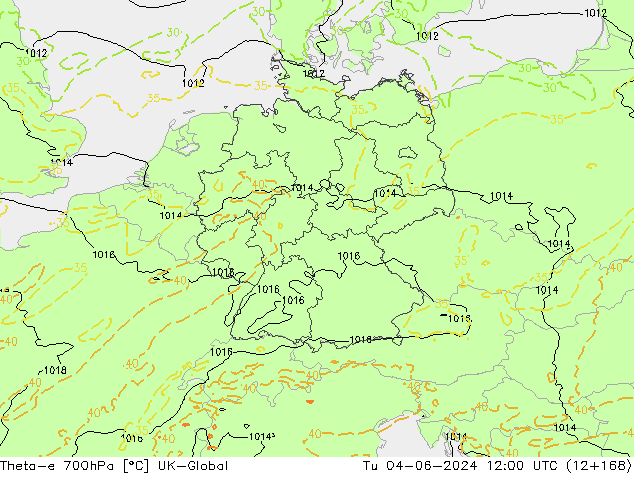 Theta-e 700hPa UK-Global Út 04.06.2024 12 UTC