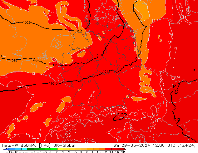 Theta-W 850hPa UK-Global We 29.05.2024 12 UTC