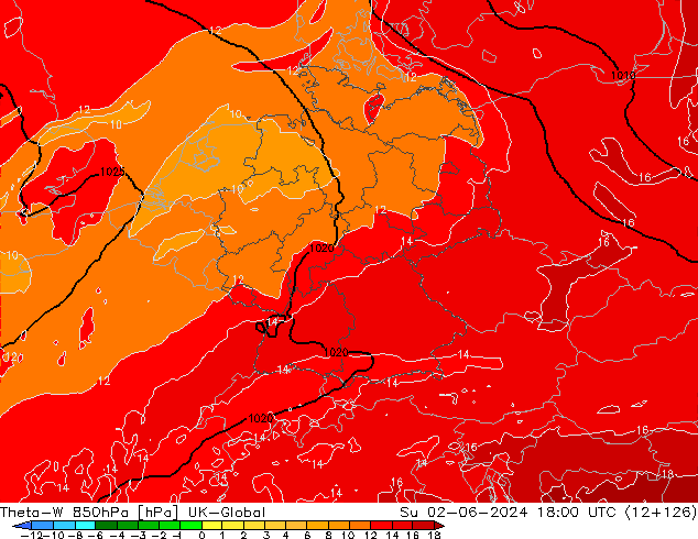 Theta-W 850hPa UK-Global Ne 02.06.2024 18 UTC