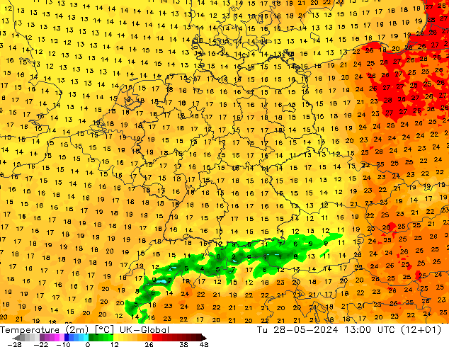 Temperaturkarte (2m) UK-Global Di 28.05.2024 13 UTC