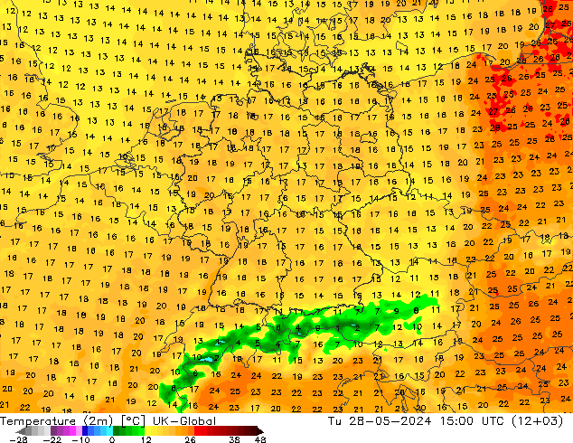 Temperatuurkaart (2m) UK-Global di 28.05.2024 15 UTC