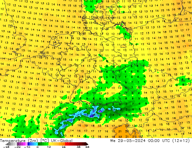 mapa temperatury (2m) UK-Global śro. 29.05.2024 00 UTC