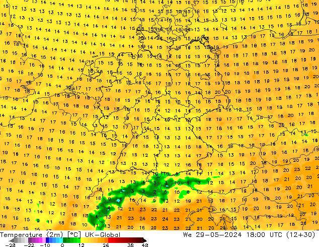 Temperature (2m) UK-Global We 29.05.2024 18 UTC