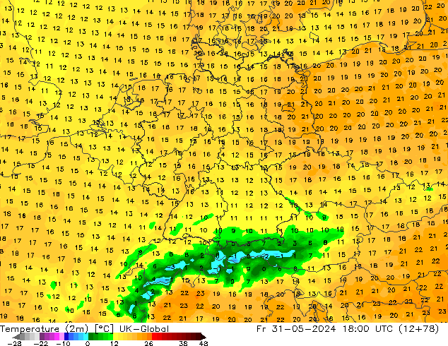 Temperature (2m) UK-Global Fr 31.05.2024 18 UTC