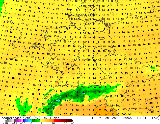 Temperature (2m) UK-Global Tu 04.06.2024 06 UTC