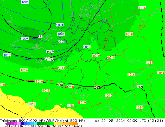 Espesor 500-1000 hPa UK-Global mié 29.05.2024 09 UTC