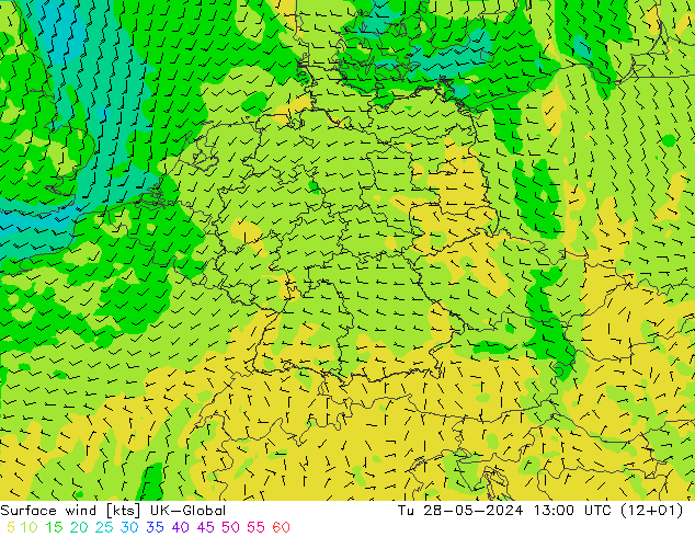 Surface wind UK-Global Tu 28.05.2024 13 UTC