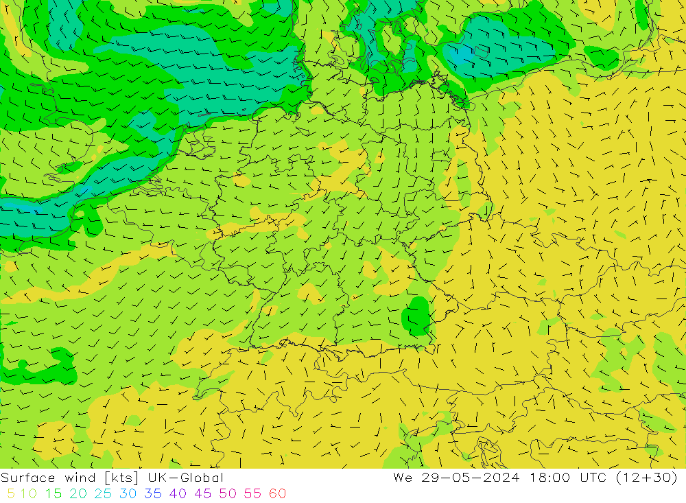 Surface wind UK-Global St 29.05.2024 18 UTC