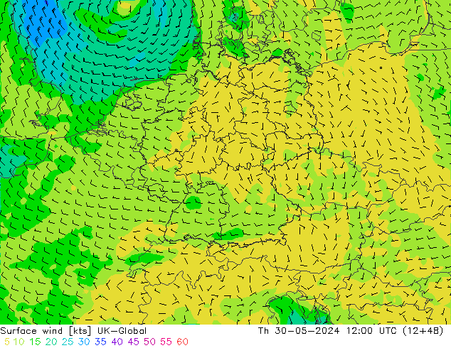 Surface wind UK-Global Čt 30.05.2024 12 UTC