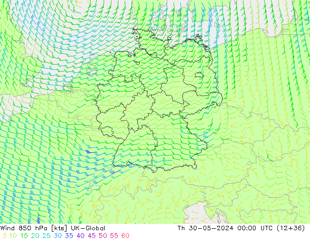 Wind 850 hPa UK-Global Th 30.05.2024 00 UTC