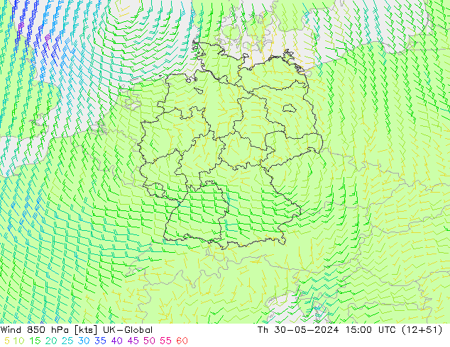 Wind 850 hPa UK-Global Čt 30.05.2024 15 UTC