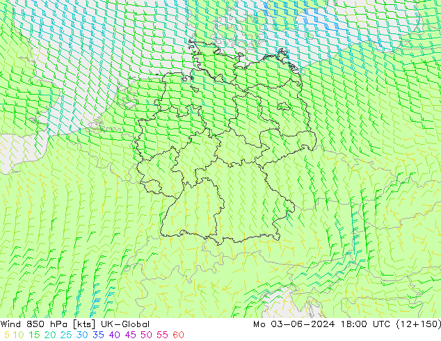 Wind 850 hPa UK-Global Mo 03.06.2024 18 UTC